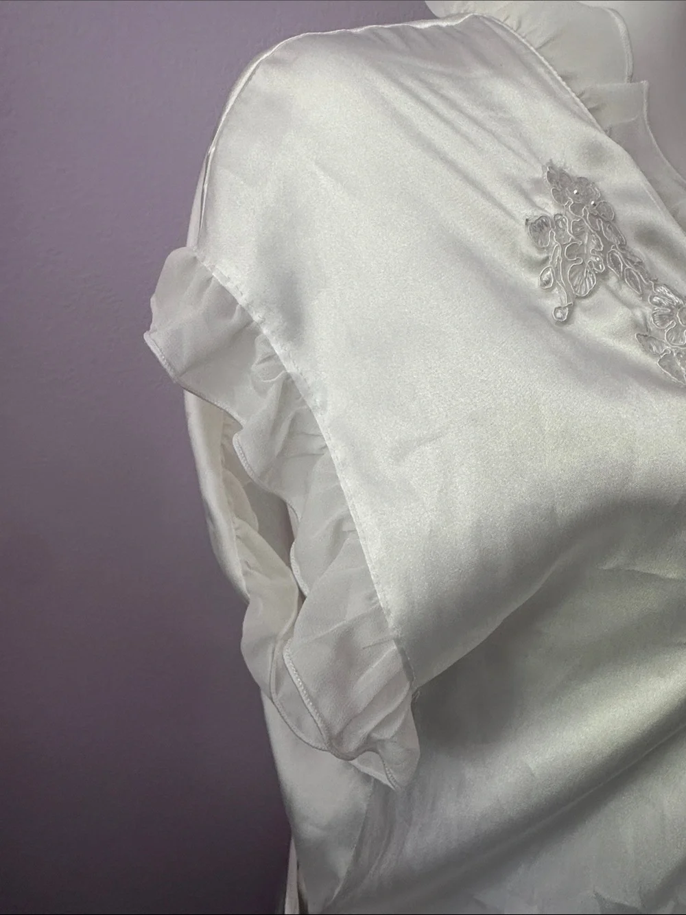Vintage Ivory Satin Robe with Ruffle Trim